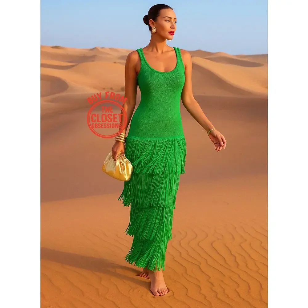 Mango Bright Green Tiered Fringe Maxi Dress - Picture 2 of 16